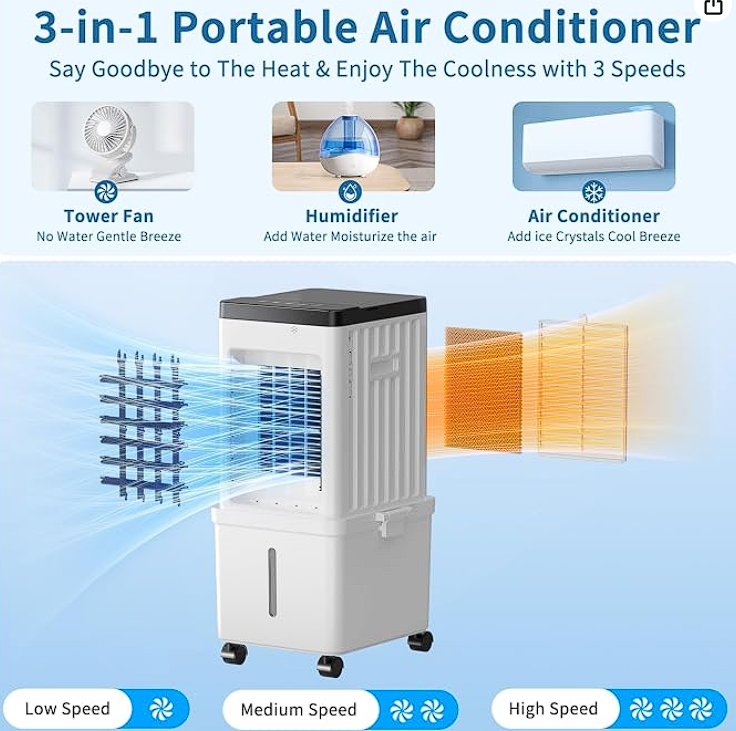 Portable Evaporative Air Cooler 2.6 Gal, 3-in-1
