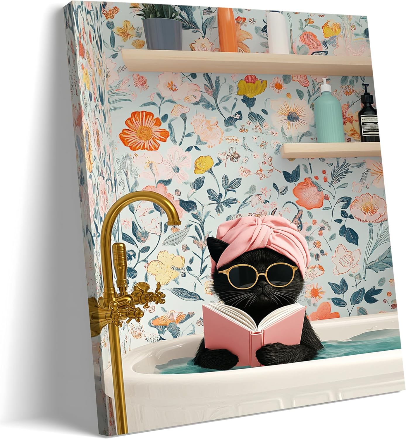Funny Black Cat Bathroom Wall Art 16x24, Framed