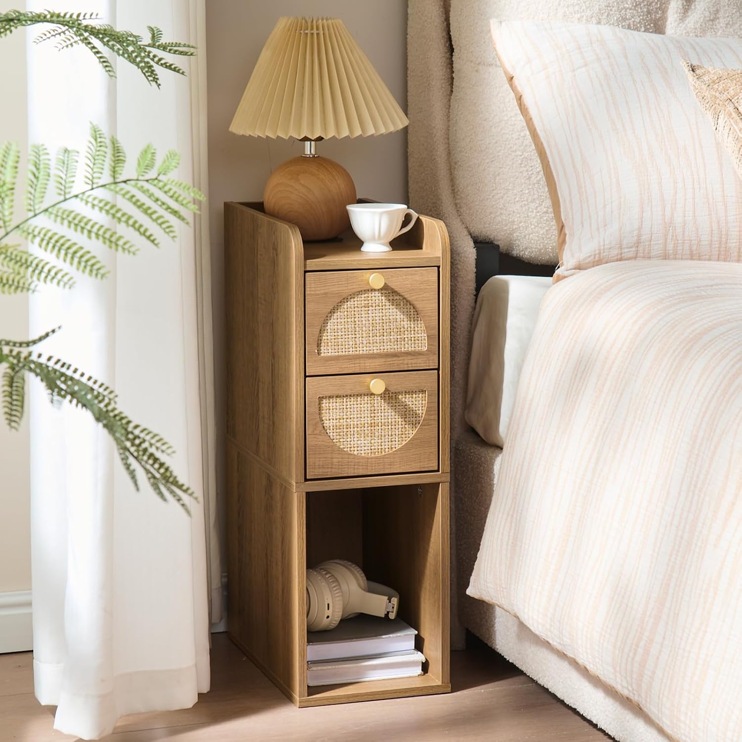 Rattan & Wood Narrow Nightstand with 2 Drawers