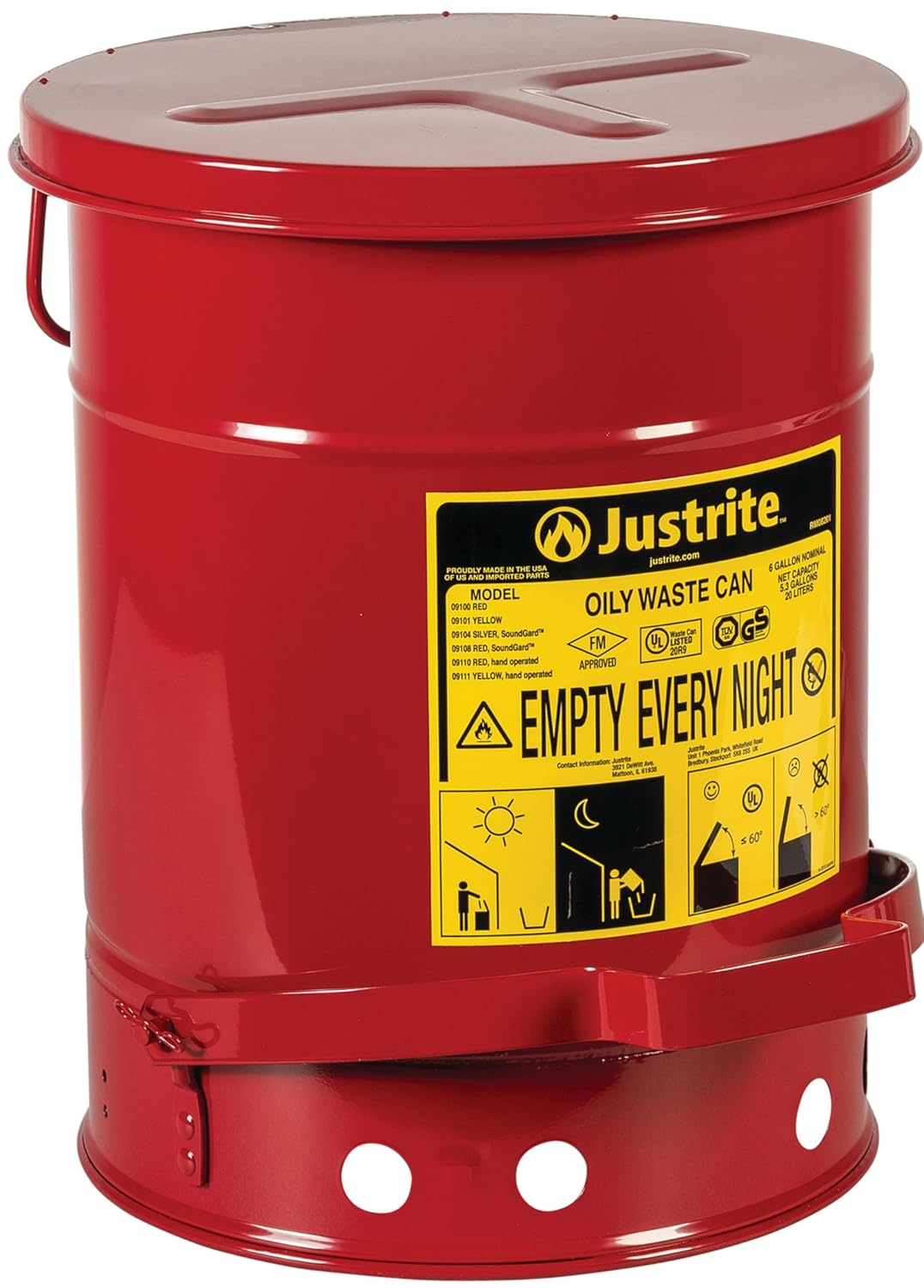 Justrite 09100 6 Gal Oily Waste Safety Can, Red