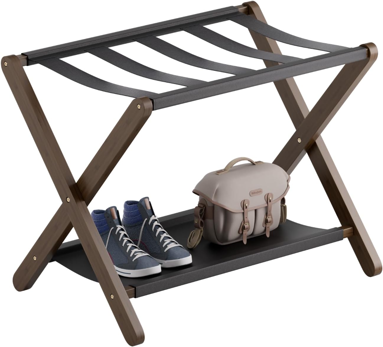 Bamboo Folding Luggage Rack with Shelf, Walnut