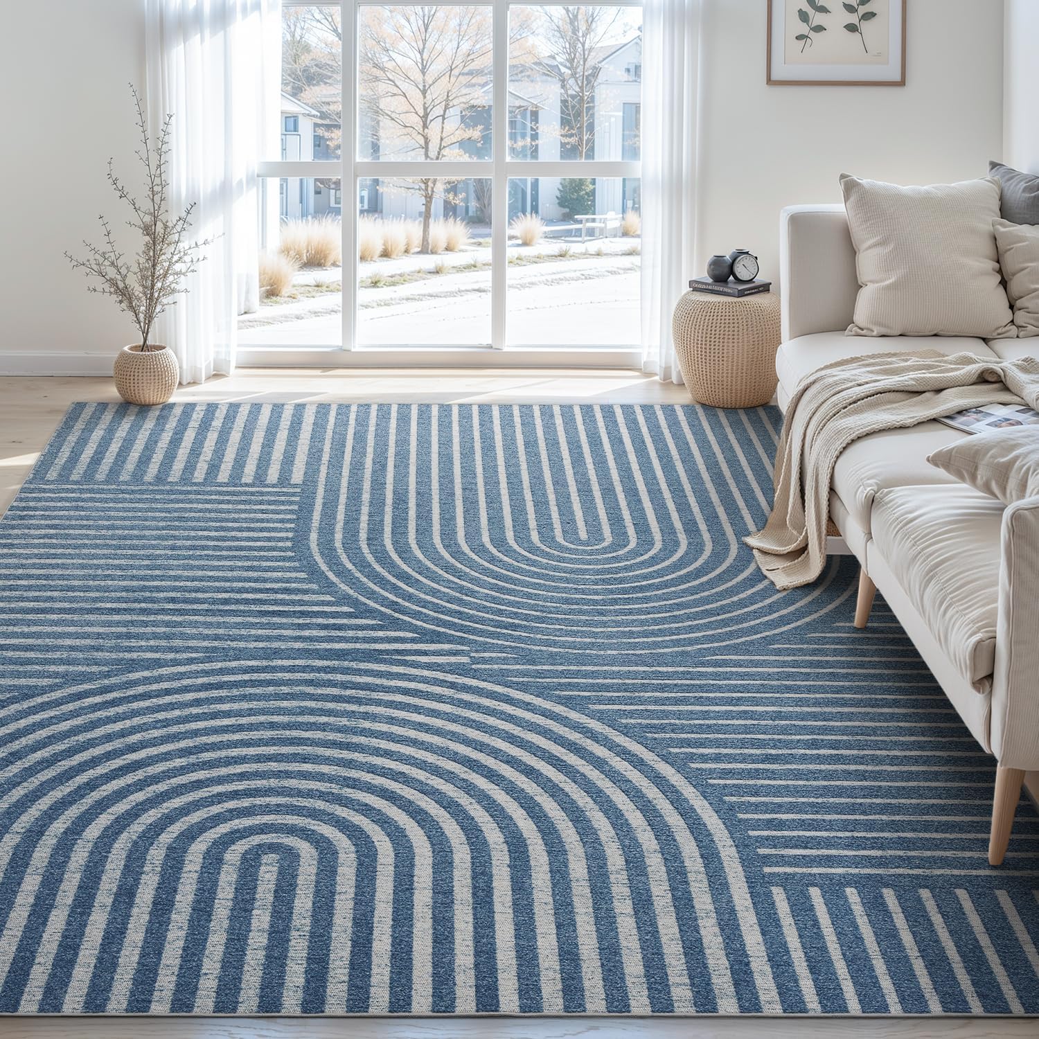 Boho 8x10 Washable Area Rug, Blue Geometric