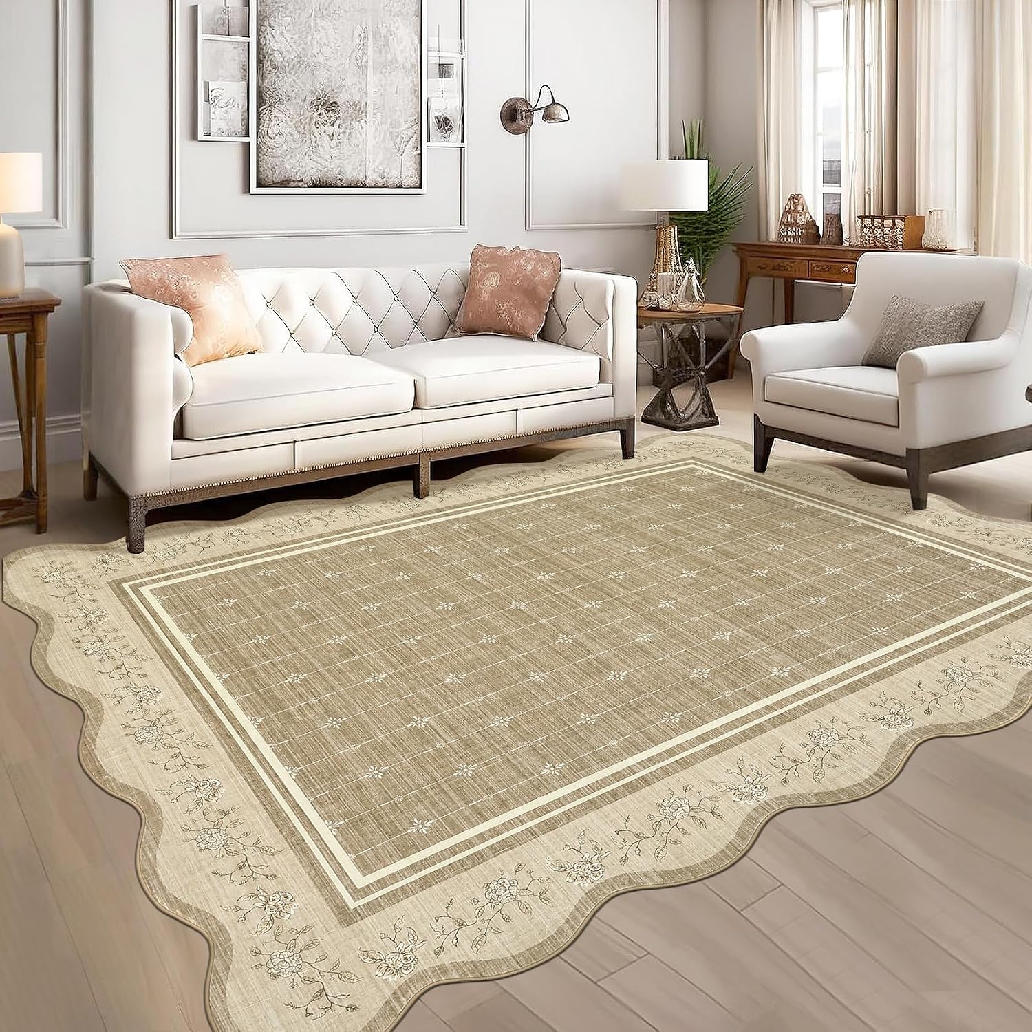 Garvee 9x12 Scalloped Washable Area Rug, Brown