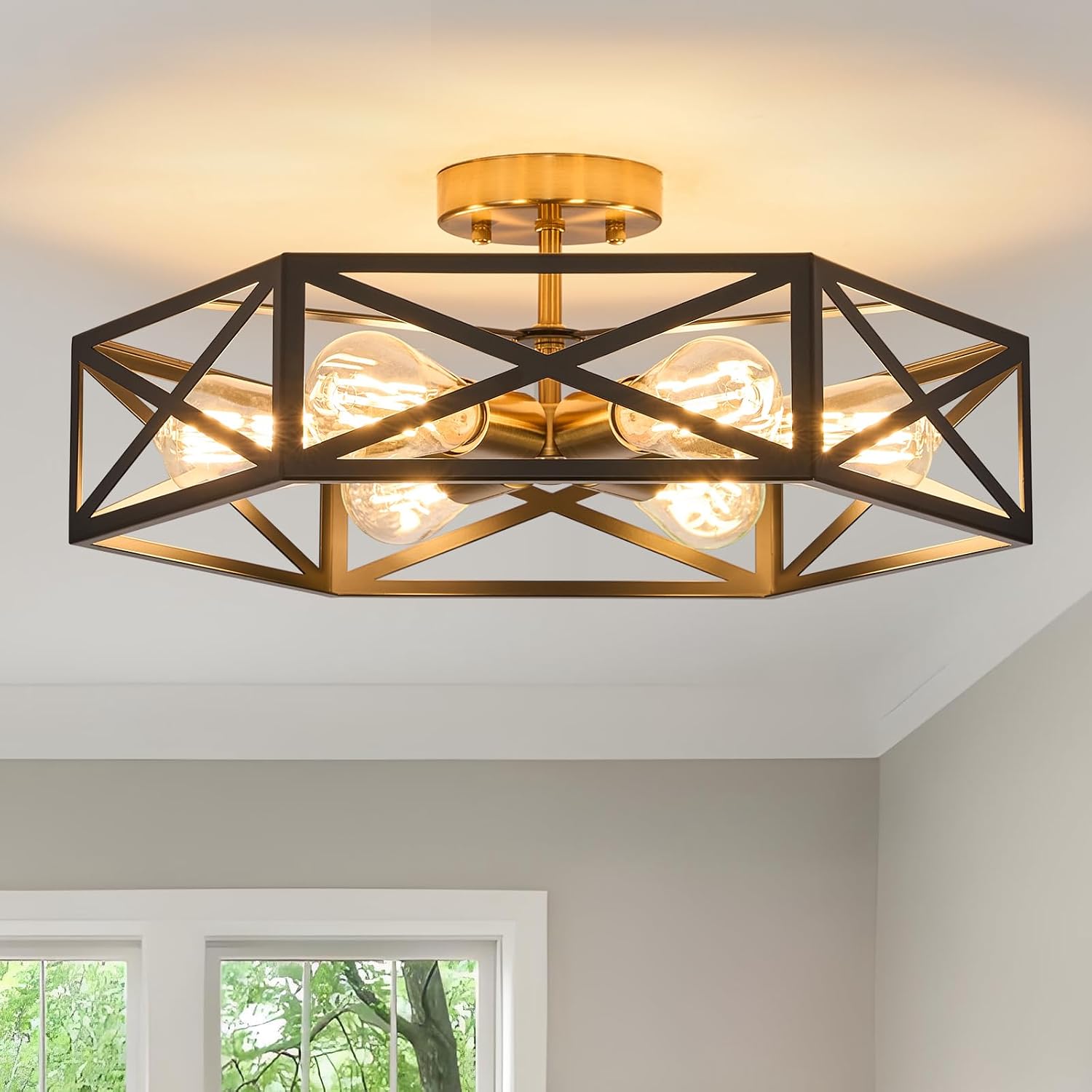 Black & Gold 6-Light Semi Flush Ceiling Light