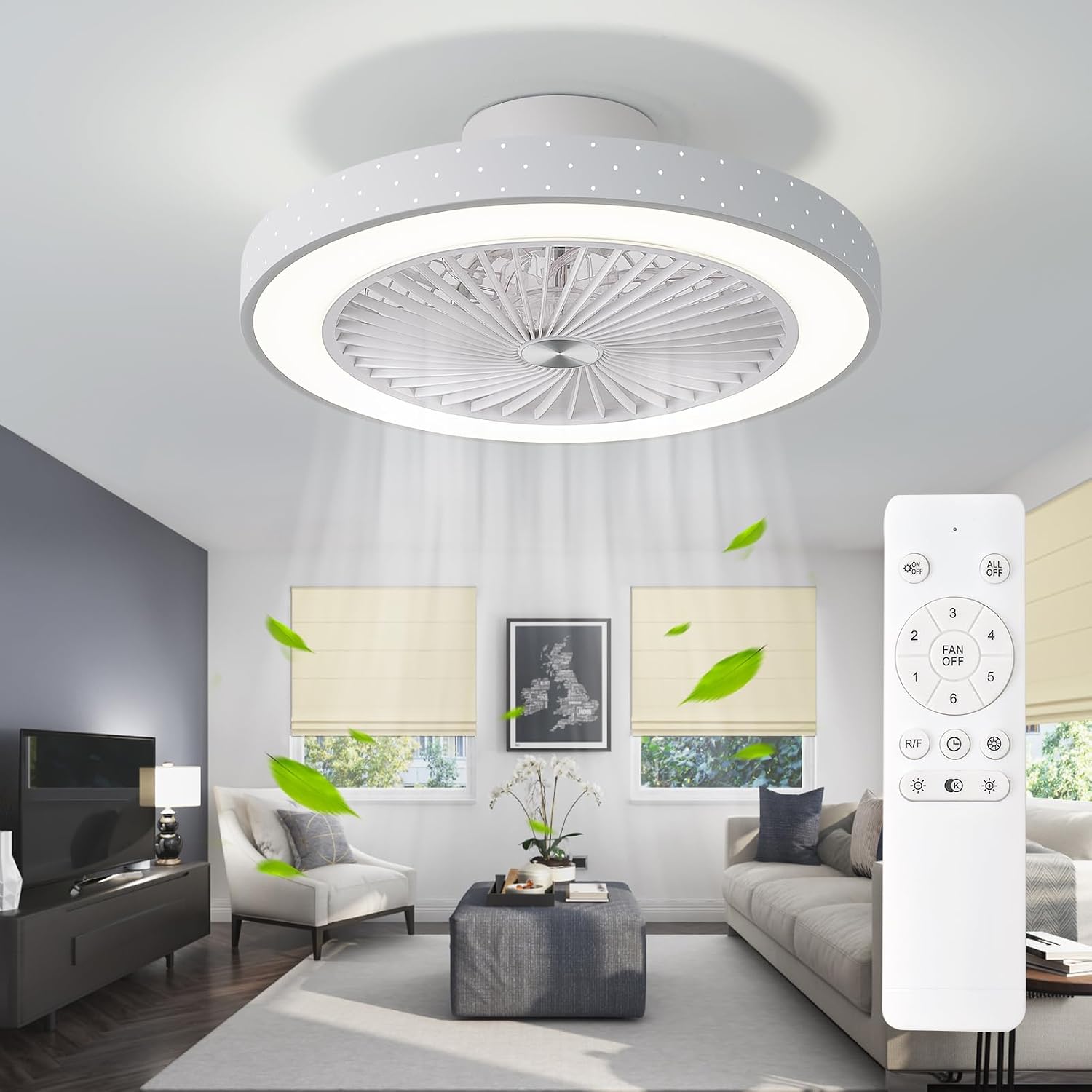 19" Bladeless Low Profile Ceiling Fan with Light