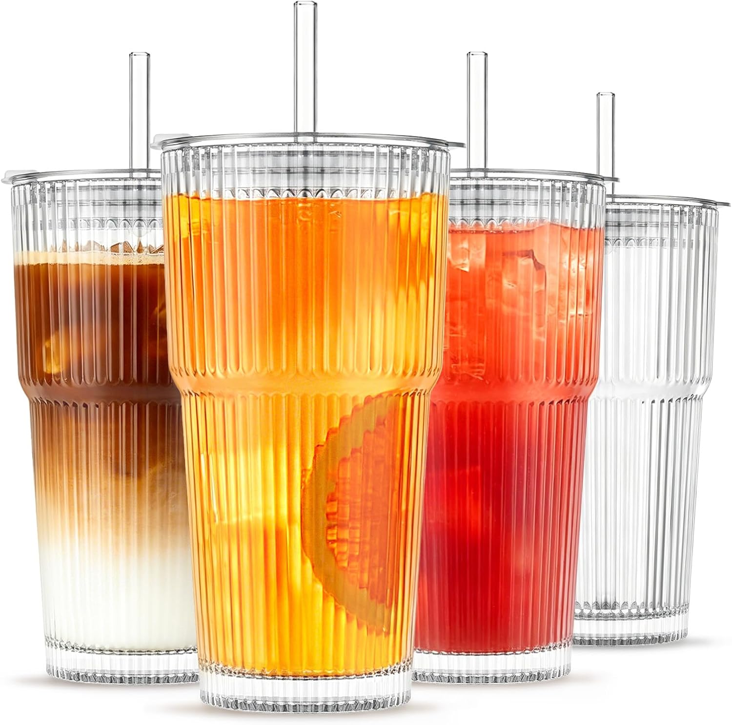 INSETLAN 20oz Ribbed Glass Tumblers w/ Lids, 4 Pc